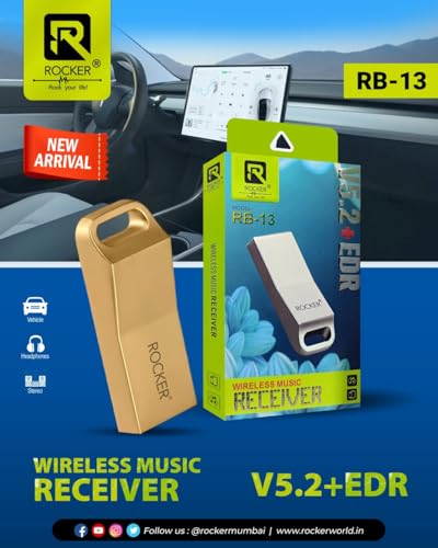 Image of Rocker RB-13 V5.2+EDR Bluetooth Receiver for PC Desktop, Car & Home - Plug & Play Wireless Audio Adapter with USB & AUX Output | Fast Transmission, Clear Sound & 10M Rang (Black)