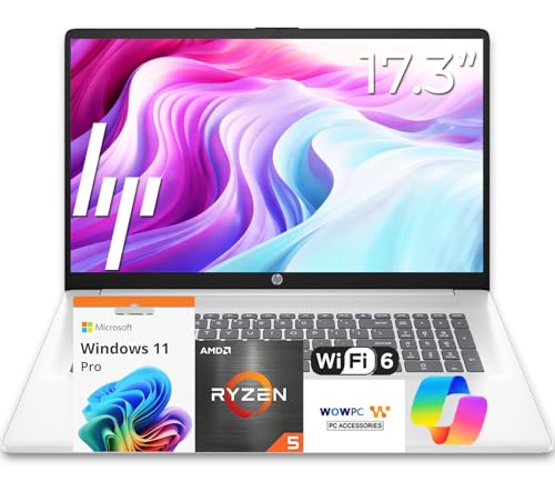Image of HP 17 Business Laptop | 2026 Edition | 17.3 inch FHD Display | AMD 7000 Ryzen 5 Processor (Beats 13th Core i7) | 16GB RAM | 512GB SSD | WiFi-6 | Ethernet RJ-45 | HDMI | Windows 11 + Copilot | w /WOWPC USB