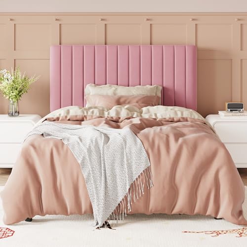 Image of Allewie Twin Bed Frame, Velvet Upholstered Platform Bed with Adjustable Vertical Channel Tufted Headboard, Mattress Foundation with Strong Wooden Slats, Box Spring Optional, Easy Assembly, Pink