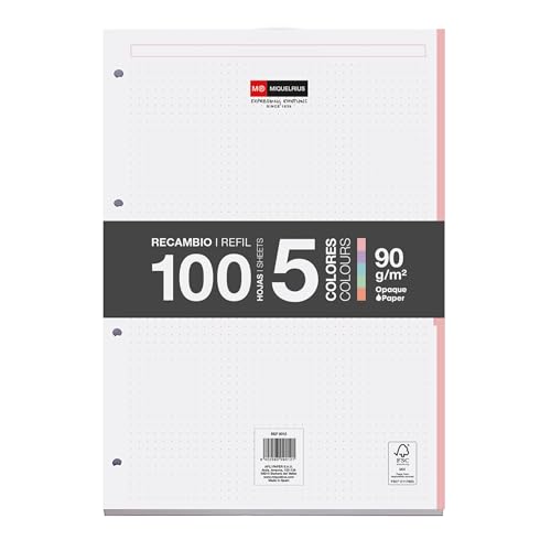 Miquelrius - Bloc de recambio de hojas A4 punteadas dots, 100 hojas de 90 g/m² en 5 colores pastel, Con perforaciones estándar para carpeta de anillas, Material escolar