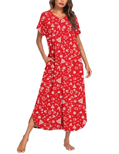 Image of Ekouaer Long Nightgown Women's Loungewear Short Sleeve Sleepwear Full Length Sleep Shirt with Pockets