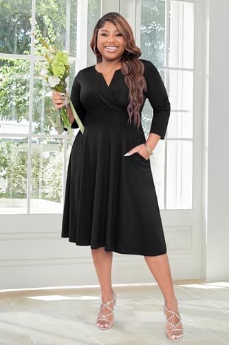 Runwind Women’s Plus Size Midi Dress 3/4 Sleeve Fit and Flare Cocktail Dresses Casusl V-Neck Dress with Pockets3