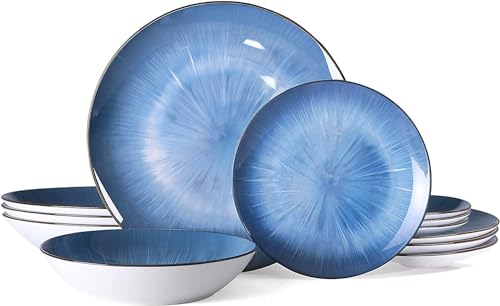 Image of Bestone Porcelain Dinnerware Sets Service for 4, 12 pcs Hand drawn Plates and Bowls Sets, Handmade Ceramic Dish Set, Chip Resistant Modern Plate Set, Dishwasher /Microwave Safe,Starburst blue
