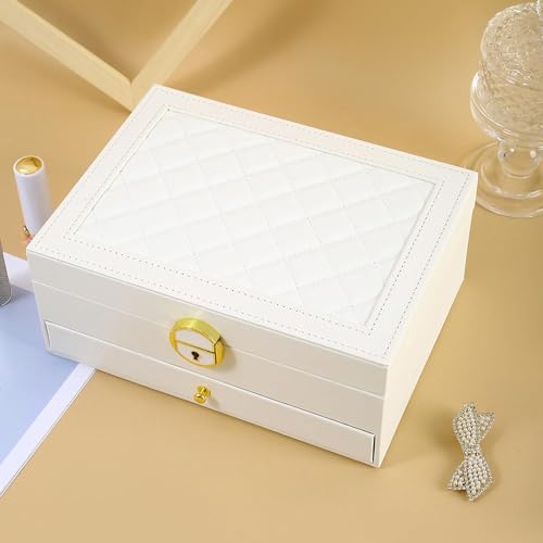 Image of KRISHYAM Jewelry Boxes for Women - 2-Layer Lockable Waterproof Leather Jewelry Box | Ideal for Rings, Bracelets, Earrings, Necklaces, Gifts, Watches (White)