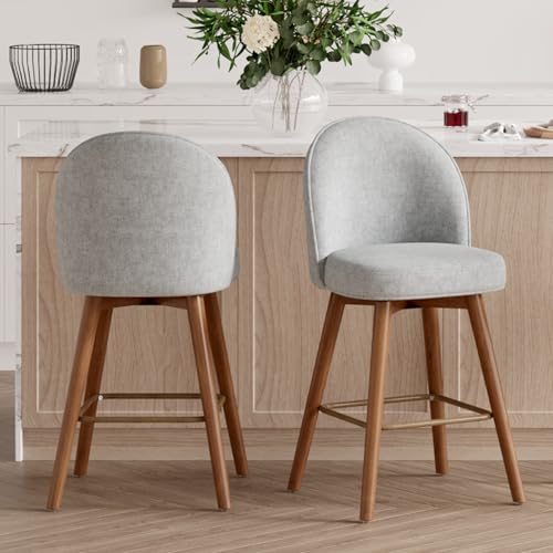 Image of Modern Swivel Bar Stools Set of 2, Chic Upholstered Counter Height(26IN) Bar Chair with Back, Solid Wood Legs and Footrest, Comfortable Chenille Bar Stool for Kitchen Island, Dove Grey