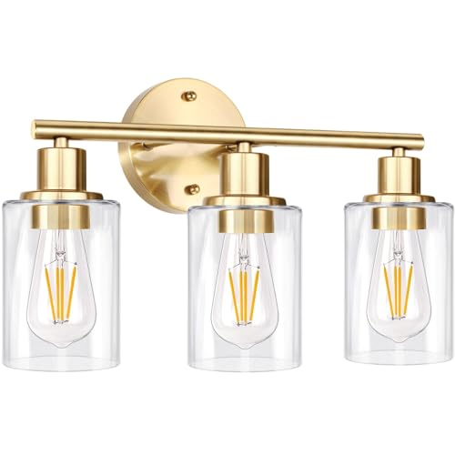 3-Light Gold Bathroom Light Fixtures, Modern Bathroom Vanity Light with Clear Glass Shade, Brushed Gold Bath Wall Mount Lights, Wall Lamp for Mirror Kitchen Bedroom Hallway Living Room Hallway
