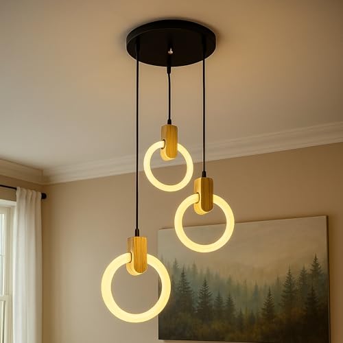 Image of Lampmaster 3-Ring LED Pendant Light | Modern Hanging Ceiling Lamp with Wooden Accent & Warm White Glow | Decorative Chandelier for Living Room, Dining Room, Bedroom, Restaurants & Cafe Interior