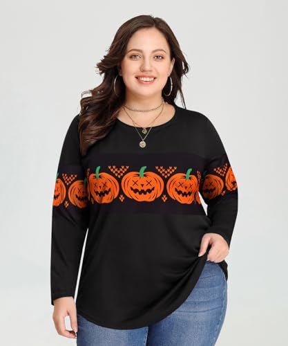 Image of CARCOS Plus Size Tops for Women Color Block Flower /Striped /Camo Crew Neck Long Sleeve Tee Shirt