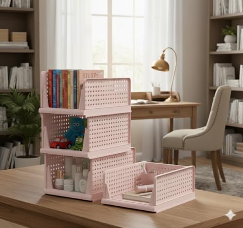 mechdel Stackable and Foldable Wardrobe, Foldable Shirt Storage Stacker, Collapsible Wardrobe, Mounted Closet Storage and Organisation System (8PCS, Foldable Stackable - Dark Pastel Pink)