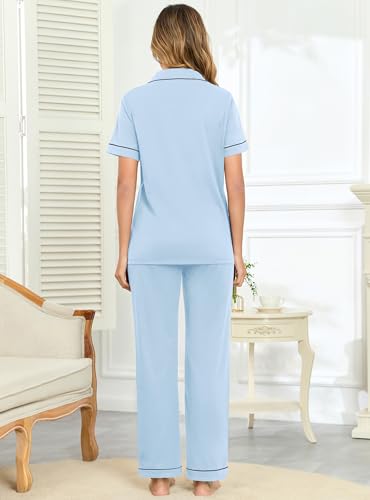 Image of Veseacky 100% Cotton Pajamas for Women Set Short Sleeve Button Down Sleepwear Soft 2 Piece Summer Pjs Lounge Sets S-XXL
