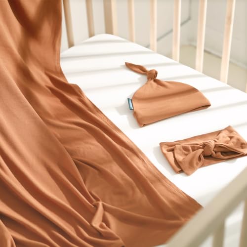 Image of GRSSDER Newborn Swaddle Blanket, Ultra Soft Jersey Receiving Blanket with Matching Headband and Beanie Set, Stretchy Baby Swaddle 47x47 inch, Extra Large Nursery Swaddles Wrap for Girls and Boys