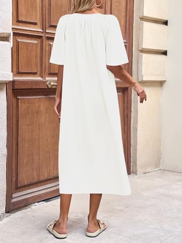 Image of Wenrine Womens Casual Maxi Dress Short Sleeve Loose Flowy Summer Dresses | flutter sleeve, v neck, loose fit, slit, long summer dress, beach, vacation