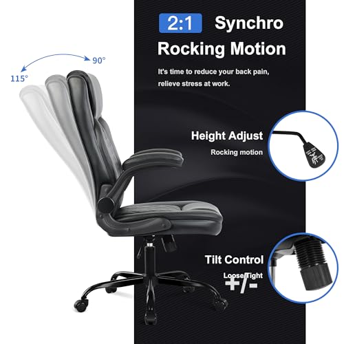 Image of Misolant Office Chair, Executive Desk Chair Big and Tall, Comfortable Executive Chair with Flip Up Armrest, High Back Computer Chair with Adjustable Height, PU Leather Office Chair