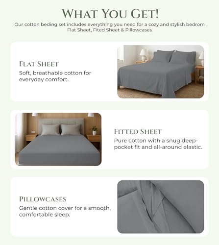 Image of ROYALE LINENS 100% Organic Cotton Full Sheet Set - 16 inch Deep Pocket Bed Sheets - Eco Friendly Grey Bed Sheets - Sabanas Full - 1 Flat, 1 Fitted & 2 Pillowcases - Grey Sheet Set - Cotton Bedding Sets