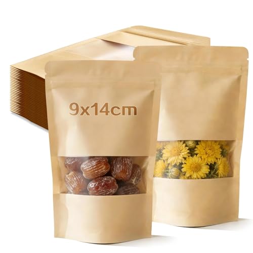 Ezitruz Sachet Kraft Alimentaire, 65 Pièces Sachet Kraft Fenetre 9x14 cm Emballage Pochette Réutilisables Sac Papier Alimentaire Refermables pour Noix Snacks...