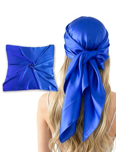 CHUNG 35 Large Scarf Solid Color Square Wraps Satin Silky Feel Big Hair Bandanas 90cm Necktie 90-RoyalBLue