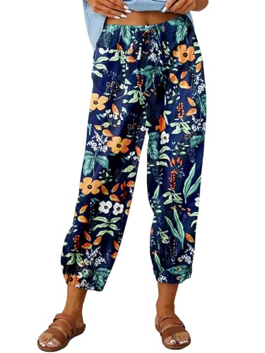 ABYOVRT Pantalon 7/8 Femme Été Imprimé Bohème Lin Ample Longueur Pants Cordon pour Décontracté à Jambes Léger en avec Poches Pantalon De Plage,Orange,M