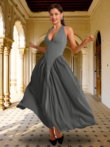 Image of ChiaoLezhee Deep V Neck Dress, Halter Maxi Dresses, Vacation Date Night, Sexy for Women Corset Flowy Wedding Guest Drop Waist