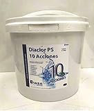 Diaclor 10 acciones pastilla de 200grs 5Kg. para piscina. Nueva pastilla 10 ACCIONES, efectua dos tratamientos sucesivos indispensables para el agua de la piscina. Realiza una cloracion de choque (tiempo de disolucion 1h aprox.) para eliminar las cloraminas (generadoras de olores) y en un segundo proceso libera progresivamente durante unos 6 dias un cloro multifuncion, por lo que las diferentes acciones en desinfeccion, algas, cal, metales, floculacion, etc, son efectivas durante toda la semana.
