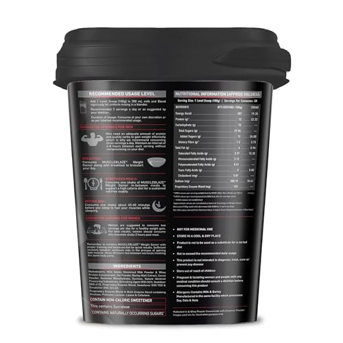 Image of MuscleBlaze Weight Gainer Powder with Added Digezyme, Chocolate (50 Servings, 5kg / 11lbs) | 12g Protein, 72g Carbs Per Scoop