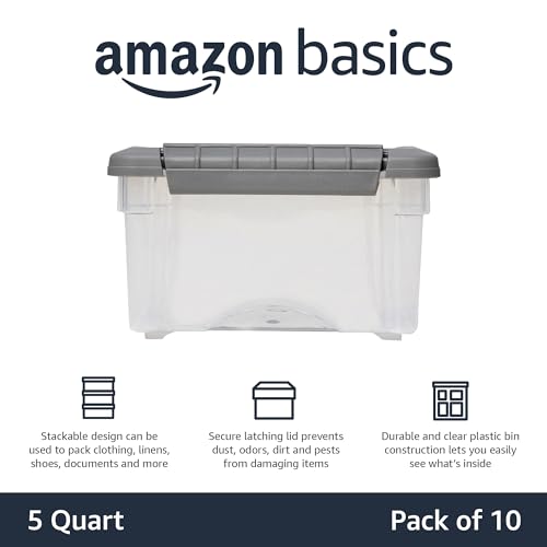 Amazon Basics Plastic Storage Containers with Secure Latching Lids, Stackable Organization Bins, Clear/Grey, 5 Quart, Set of 10 - Image 3