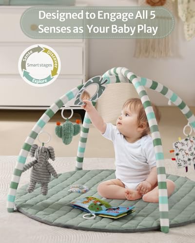 Blissful Diary Baby Play Gym Mat, Play Mat Activity Mat with 6 Detachable Toys for Stage-Based Sensory & Motor Skill Development, Easy to Install & Clean, Baby Essentials Gift, Sage Green