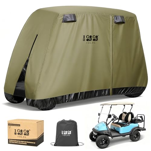 Image of 10L0L Golf Cart Cover 2 /4 /4+2 Passenger for Yamaha EZGO Club Car, Heavy Duty 420D Waterproof Windproof Durable Oxford Golf Cart Cover with 3 Zipper Doors for All-Weather Protection - Army Green
