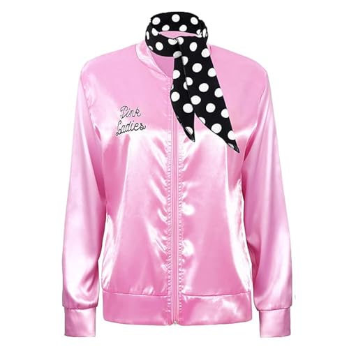 Aleshime Pink Ladies Jacket Grease Fancy Dress Women 1950S Costume Outfits 50s Ladys Pink Satin Jacket with Neck Scarf Halloween Cosplay Costume