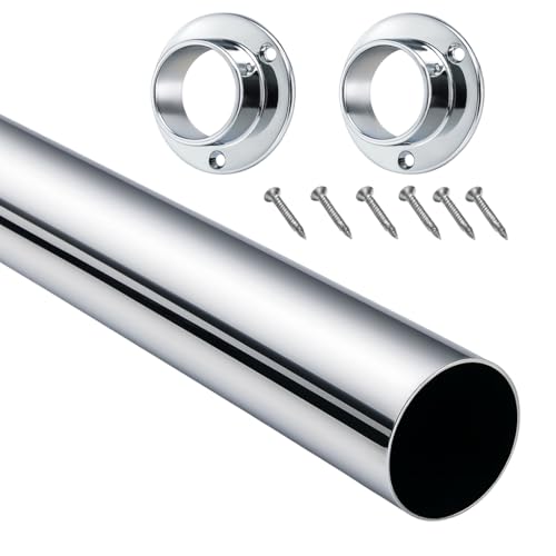 Image of Round Wardrobe Rail 19mm 25mm Brass or Chrome Clothes Hanging Rail with End Sockets Strong Cut to Size for Wardrobes, Closets, Cupboards, Bedroom Storage (Chrome Plated, 19mm x 500mm)