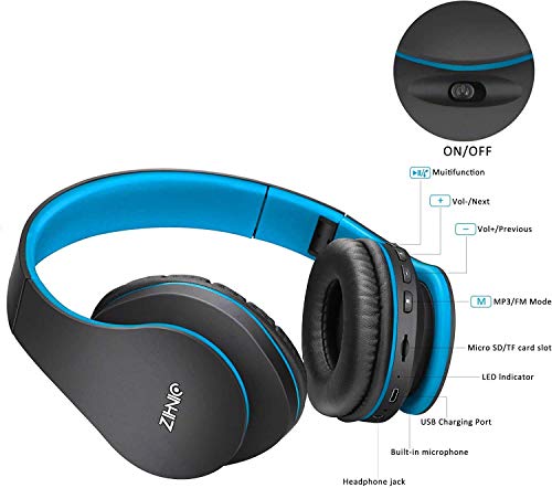 Zihnic Bluetooth Headphones Over-Ear, Foldable Wireless And Wired Stereo Headset Micro Sd/Tf, Fm For Cell Phone,Pc,Soft Earmuffs &Light Weight For Prolonged Wearing (Black/Blue) #TOP4