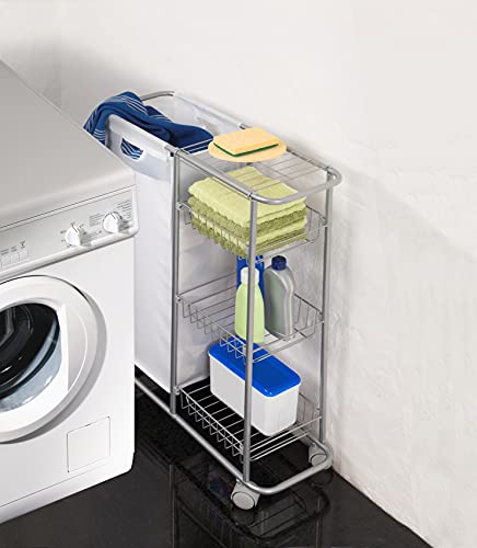 WENKO Sammelwagen Slim, 3 Etagen, extra schmaler Rollwagen mit Vier leichtgängigen Rollen, inkl. abtrennbarem Sack für PET-Flaschen oder Wäsche, 28 L, pulverbeschichtetes Metall, 58 x 80 x 20 cm