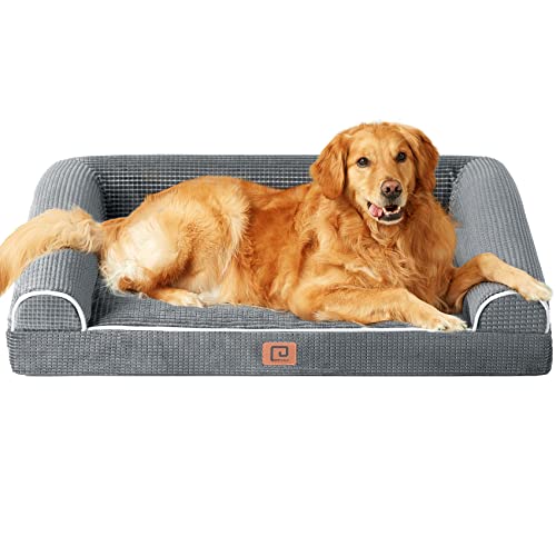 EHEYCIGA Memory Foam XL Dog Bed for Large Dogs, Orthopedic Waterproof Extra Large Dog Bed with Foam Sides, Non-Slip Bottom and Big Dog Couch with Washable Removable Corn Fleece Cover, Grey