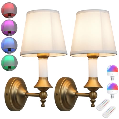 Image of Phansthy Battery Operated Wall Sconce Set of 2, Rechargeable Wall Lights with Dimmable Bulbs and Remote, 12 RGB Colors Wireless Antique Gold Wall Lamps (White Shade, Battery Operated (2 Pack))