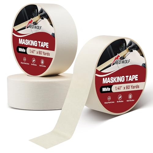 Image of RED WOLF 1.41 inch x 60 Yards Masking Tape 3 Pack, General Purpose for Painting Arts Crafts Label Car Painting, Sharp Paint Line No Residue Painters Tape White Beige Crepe Paper Tape Heat Resistance