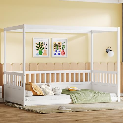 Ball & Cast Twin Size Montessori Floor Bed,Canopy Bed Frame with Guardrails,Wooden Four Poster Design with Safety Rails,Suitable for Bedroom,White