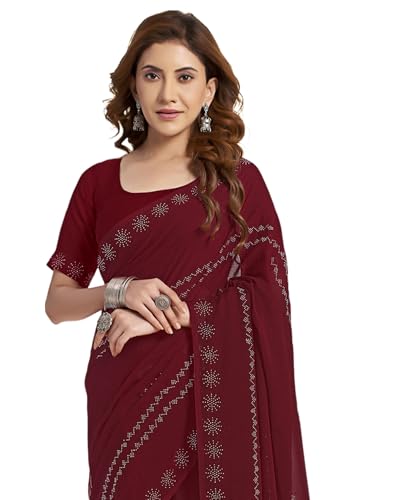 Image of SIRIL Women's Georgette Stone Work Saree With Unstitched Blouse Piece