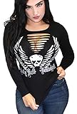 Demi Loon Sexy Slashed Biker Tee T-Shirt Graphic Country Motorcycle Wings Skull Gothic Long Sleeve (L, Black Holy Hell LSX)