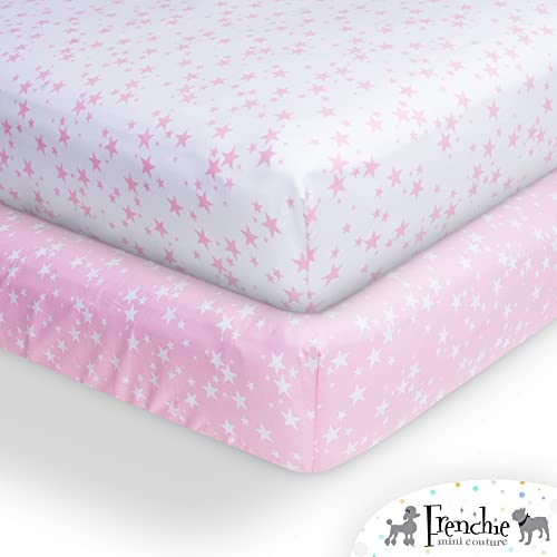 Frenchie Mini Couture Fitted Crib Sheets 100% Woven Cotton Fits Toddler Mattress, Pink Stars, 28 X 52In, 2-Pack #TOP2