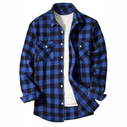 Mens Plaid Shirt Big and Tall Lapel Long Sleeve Button Down Shirt Jacket Fall Fashion Casual Light Shacket with Pockets Jackets for Men Loose Fit Comfort Button Up Shirts Casual Outerwear Coats