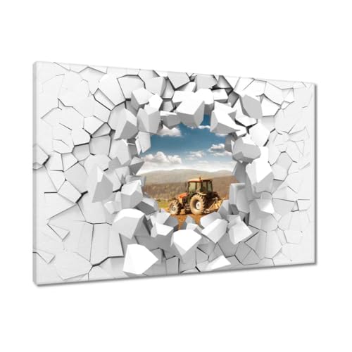 Peinture ferme avec un tracteur tableau decoration murale 120x80