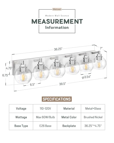 Image of Bathroom Light Fixtures, 6 Light Brushed Nickel Vanity Light, 38 Inch Modern Wall Sconces with Globe Clear Glass Shade, Vanity Lighting Fixtures Over Mirror, VL195-BN-6