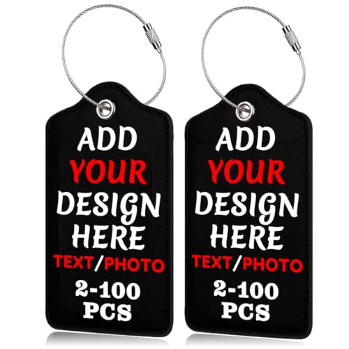 Custom Luggage Tag Personalized Your Own Text, Image, Photo, Logo Customized Travel Suitcases Labels Tags with Full Privacy Card and Stainless Steel Loop, Set of 2 PU Leather Baggage Tags