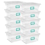 Optimal Products 10 x 45 Litre Clear Plastic Storage Box With Lids UK BRITISH MADE Home Office Stackable Nestable Transparent Plastic Boxes, Size 5,11,24,28,35,45,62 Litre