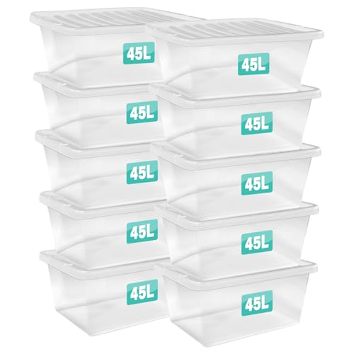 Optimal Products 10 x 45 Litre Clear Plastic Storage Box With Lids UK BRITISH MADE Home Office Stackable Nestable Transparent Plastic Boxes Size 5 11 24 28 35 45 62 Litre