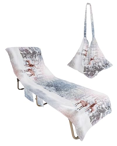Christmas Elk Beach Chair Towel Covers for Chaise Lounge with Side Pocket, Soft Plush Pool Towels Cover for Patio Sunbathing Outdoor 29''x85'' Winter Forest Deer Snow Tree Snowflake