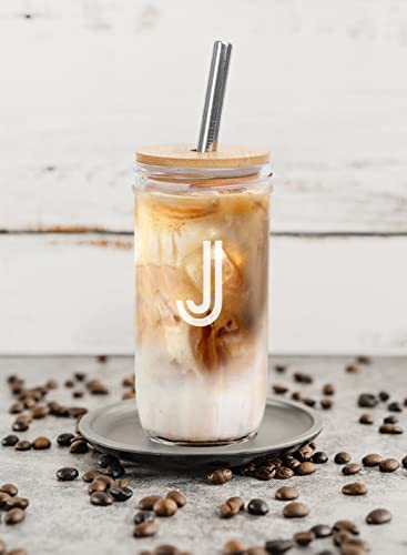 Mason Jar With Lid And Straw, Letter Cup, Personalized Mason Drinking Jar, 24Oz Wide Mouth Mason Jar Drinking Glasses With Bamboo Lid And Stainless Steel Straw, Reusable Boba Cup Iced Coffee Cup #TOP2