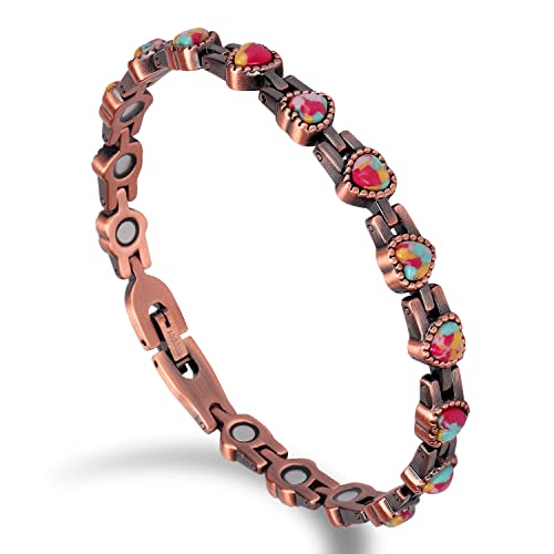 Auinz Colorful Stone Pure Copper Bracelet for Women's Relief Arthritis Pain Carpal Tunnel Heart Adjustable Bracelet (Colorful Stone)
