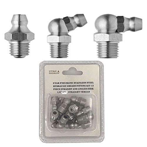 Image of 1 /8 inch NPT Stainless Steel Grease Fitting Zerk Nipples 12-Piece Kit | Assorted Straight 45 & 90 Degree Hydraulic Angled Zerks. Marine Grade Corrosion Resistant Design for Boat & Industrial Use