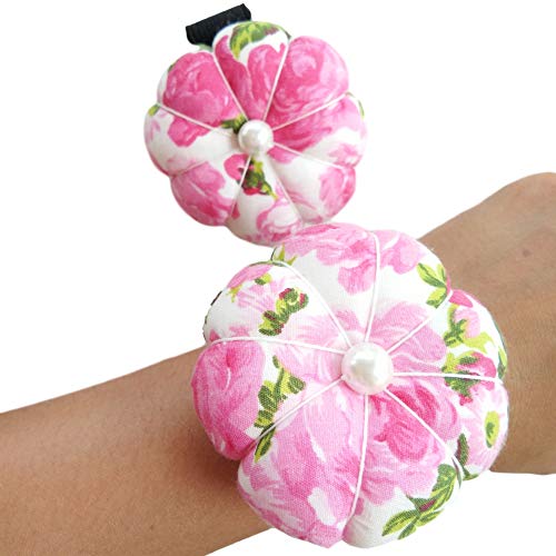 Cushystore 2X Floral Small Wrist Pin Needle Cushion Pincushion Sewing With Adjustable Elastic Strap For All Wrist Sizes (Pink + Pink), 2.75''L X 2.75''W X 1.25''D #TOP1
