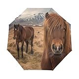 GAIREG Cute Brown Horses Travel Umbrella Automatic Open Close Compact Folding Rain Umbrellas